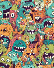 Fototapeta premium Seamless Background for your Design with Different Cartoon Monsters, Colorful Tile Pattern with Cute Funny Characters. AI generated image.