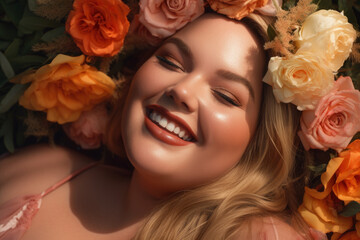 Happy beautiful plus size model portrait with a blonde hairstyle of flowers closeup, fat girl with a chubby face and makeup, AI Generated