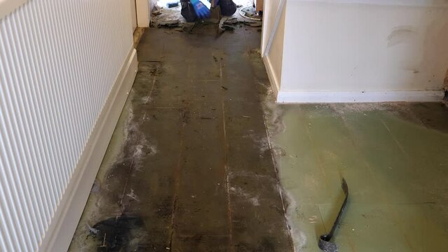 Man, worker wearing safety shoes and gloves removing damaged laminate flooring underlay in a hallway after flooding from water pipe leak.