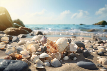Fototapeta na wymiar A collection of seashells on a sandy beach creates a scenic horizon view perfect for outdoor enthusiasts and nature lovers. The beauty of nature is captured in this coastal landscape. AI Generative.