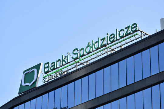Banki Spoldzielcze Grupa BPS (Cooperative bank, Bank Spoldzielczy) office facade with signage, logo, emblem. WARSAW, POLAND - MAY 21, 2023