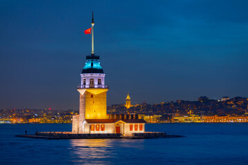 Newly restored Maiden's Tower at night parliament blue sunset