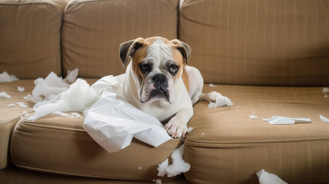 dog tears a pillow to shreds. AI generation