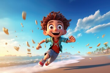 Fototapeta na wymiar jumping running child on the beach - Illustration created with generative ai