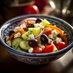 Colorful Greek Salad with Feta Cheese, Olives, Cucumber, and Tomatoes