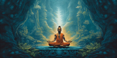 Meditation chakra concept. Meditating man. Yoga. Concentration. World Yoga Day. AI Generative