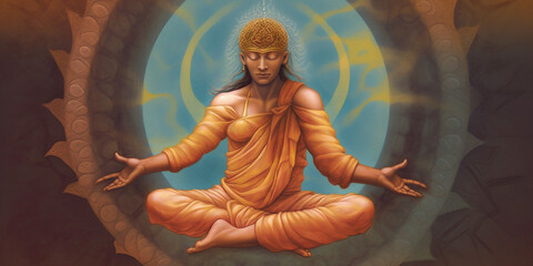 Meditation chakra concept. Meditating man. Yoga. Concentration. World Yoga Day. AI Generative