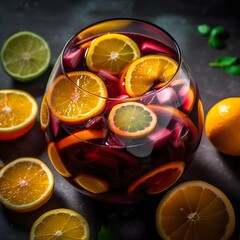 A Refreshing Glass of Sangria with Sliced Oranges, Lemons, and Limes Floating on Top