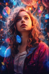 Obraz na płótnie Canvas Woman portrait with magical colored lights, generative AI, AI generated