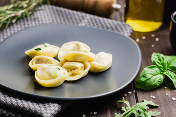 Ravioli with basilico and ground pepper. Winter recipes for the cold season of Italian cuisine, front view