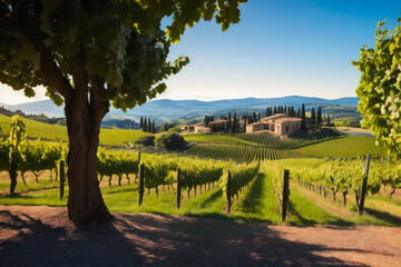 Naklejka premium Digital landscape photo of grape plantation of a dreamy winery in Tuscany. Concept of ecological environment. Generative AI