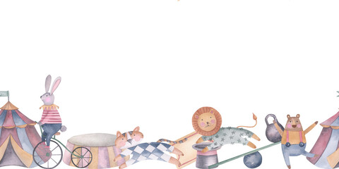 Template with circus animals watercolor illustration. Hand drawn isolated on white background. Template for your design, Birthday cards, postcards, children's room. © MilenaKo