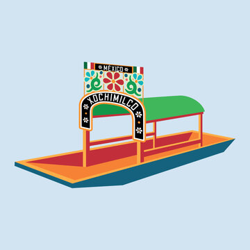 Green, blue and red colored traditional Mexican trajinera