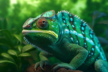 Obraz premium Generative AI. Close-up portrait of a chameleon with a green hue.
