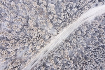 Aerial view of road in winter forest landscape
