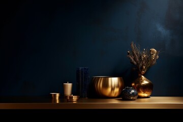 Elegant Navy Blue Wall with Gold Tabletop: Luxurious Setting for Product Presentation generative AI