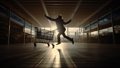 Obraz premium One person jumping with joy, shopping success generated by AI