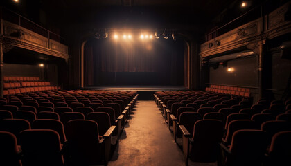 Empty auditorium, illuminated stage, comfortable velvet seats generated by AI