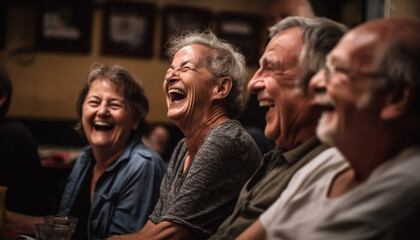Smiling group of adults enjoying weekend activities generated by AI - obrazy, fototapety, plakaty