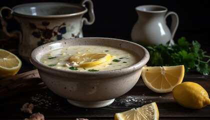 Fresh vegetarian soup with lemon and parsley generated by AI