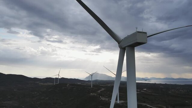 No electricity generation wind turbine in breathless weather, aerial close-up shot