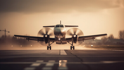 Fototapeta premium Jet engine propels fighter plane through dusk sky generated by AI