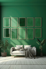 The design of the hallway or living room in bright green shades, many pictures on the wall in the framework of daylight, interior, sofa and rest, plants in vases. generative ai.