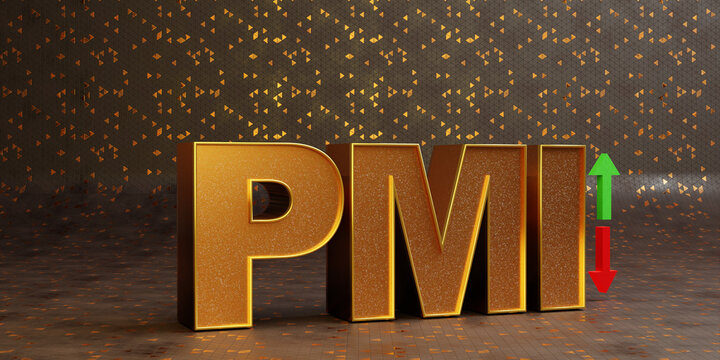 Purchasing Managers Indexes - pmi sign in gold letters on the background of a chart of oil from the Forex market with Japanese candlesticks with reflection, 3D rendering