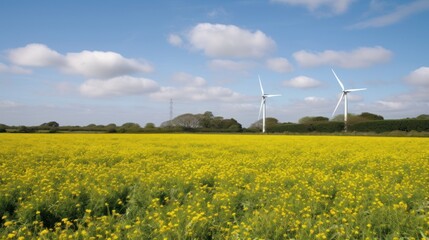 Wind turbine in a yellow flower field, Alternative energy. Generative AI