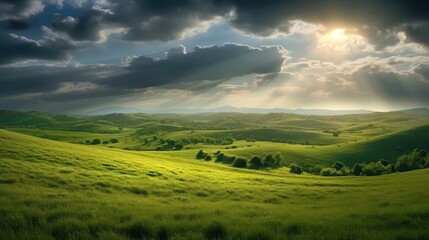 Fototapeta premium Green grass field landscape. Generative AI