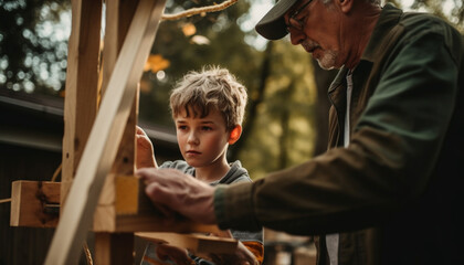 Obraz na płótnie Canvas Three generations bonding over carpentry in nature generated by AI