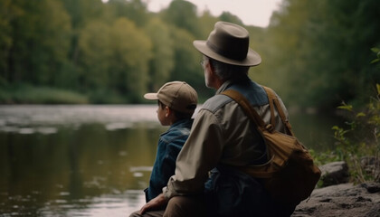 Two men hiking in the forest together generated by AI