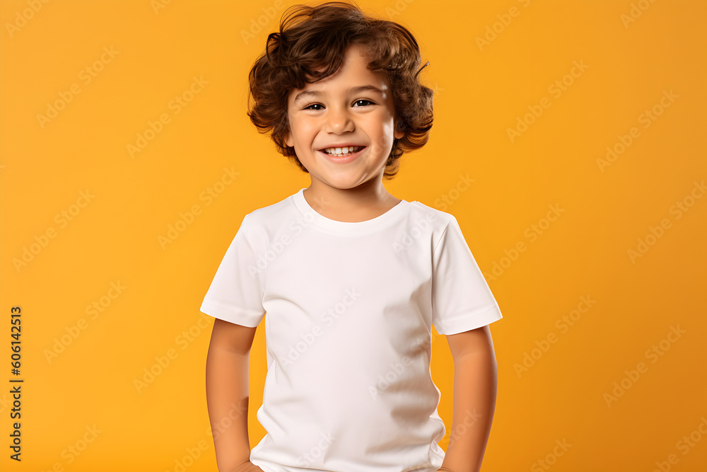 Wall mural Male child, boy wearing bella canvas white shirt mockup, at yellow background. Design tshirt template, print presentation mock-up. AI generated.