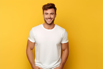 Young man wearing bella canvas white shirt mockup, at yellow background. Design tshirt template, print presentation mock-up. AI generated. - obrazy, fototapety, plakaty