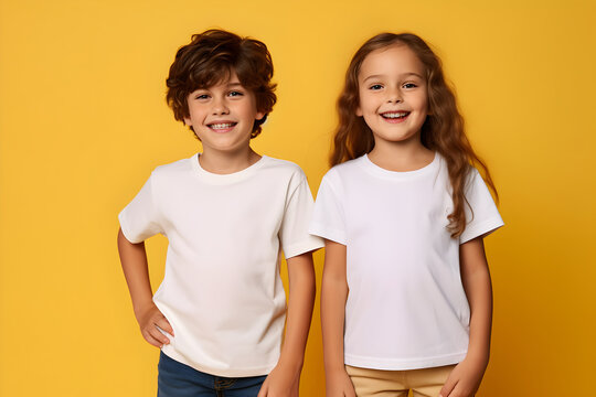 Male and female child, boy and girl, siblings wearing bella canvas white shirt mockup, at yellow background. Design tshirt template, print presentation mock-up. AI generated.