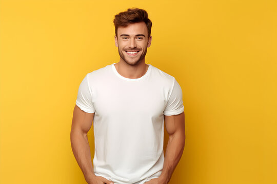 Young Man Wearing Bella Canvas White Shirt Mockup, At Yellow Background. Design Tshirt Template, Print Presentation Mock-up. AI Generated.