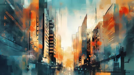 Deurstickers Aquarelschilderij wolkenkrabber  Abstract city street view - grungy painting - generative AI, AI generated