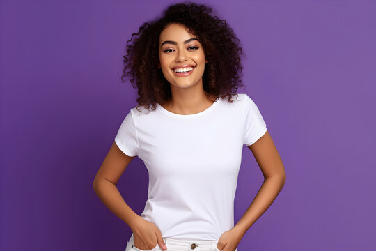 Young woman wearing bella canvas white shirt mockup, at purple background. Design tshirt template, print presentation mock-up. AI generated.