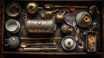 A collection of antique tea utensils displayed on a wooden tray Generative AI