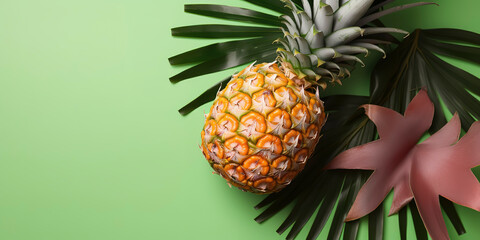 Fototapeta premium Summertime Refreshment: Top View of Fresh Fruit Halves with Monstera Leaf. Vibrant Backdrop. AI Generated.