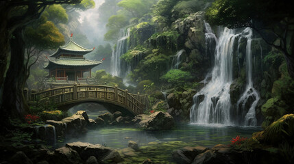 A serene waterfall cascading into a tranquil pond near a tea house Generative AI