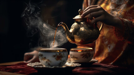 A contemplative moment as tea is poured into a cup, capturing the steam Generative AI
