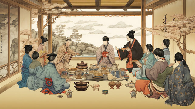 A tea ceremony in progress, with guests attentively observing Generative AI
