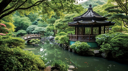 Fototapeta na wymiar A serene tea pavilion surrounded by lush greenery and blooming flowers Generative AI