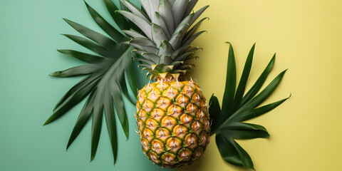 Fototapeta premium Juicy Summer Fruits: Top View Photo with Halved Fruit and Monstera Leaf on Soft Color Backdrop. AI Generated.