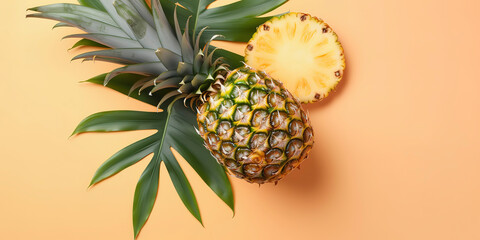 Fototapeta premium Exotic Fruit Medley: Fresh and Halved Fruits with Monstera Leaf. Top View on Soft Backdrop. AI Generated.