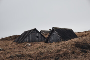 Triangular roofs of cellars sunk into the ground in the midst of withered grass on the field in the...