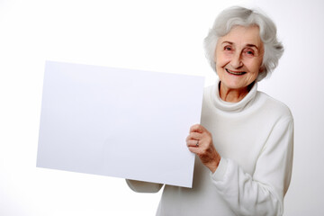 Elderly woman holding a blank sheet of paper on a white background