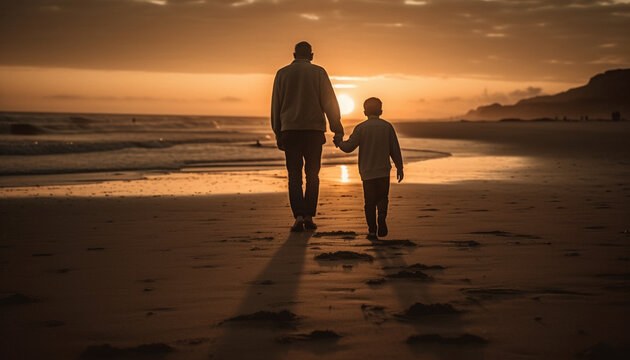 Family walks on beach at sunrise, embracing generated by AI