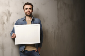 Handsome young man holding blank whiteboard on grey wall background